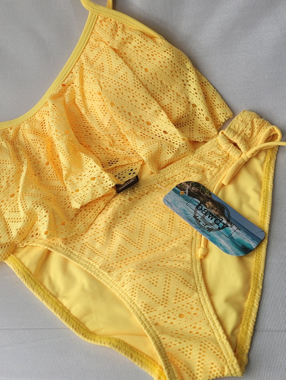 Bawdy Women Yellow Tribal Mesh Flounce 2 pc Bikini Set Size M NWT